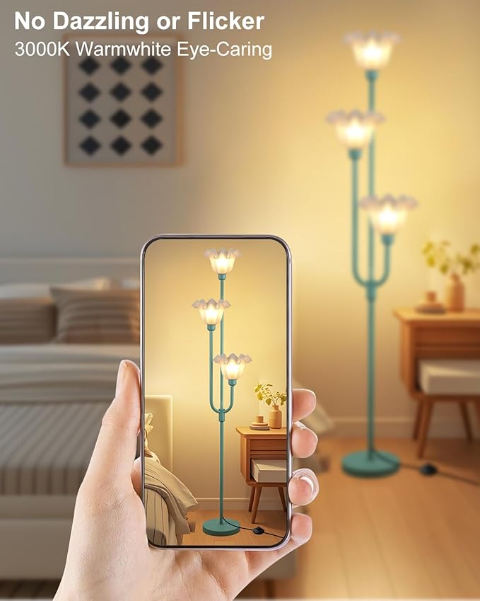 Flower Floor Lamp for Living Room, Dimmable Vintage Floor Lamp with Shelf & LED Bulbs, 3 Light 3000K Soft Warmwhite Mid Century Gold Standing Lamp, Floral Tall Lamp for Bedroom Office-Green
