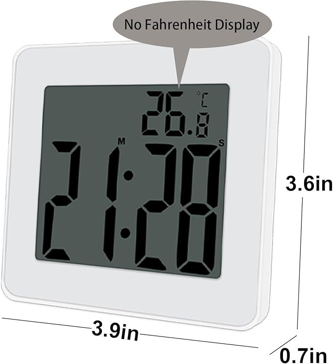 Digital Shower Clock, Large LCD Display Waterproof Timer for Shower, Suction Cups for Home (White) - Only Military time and ℃ Display