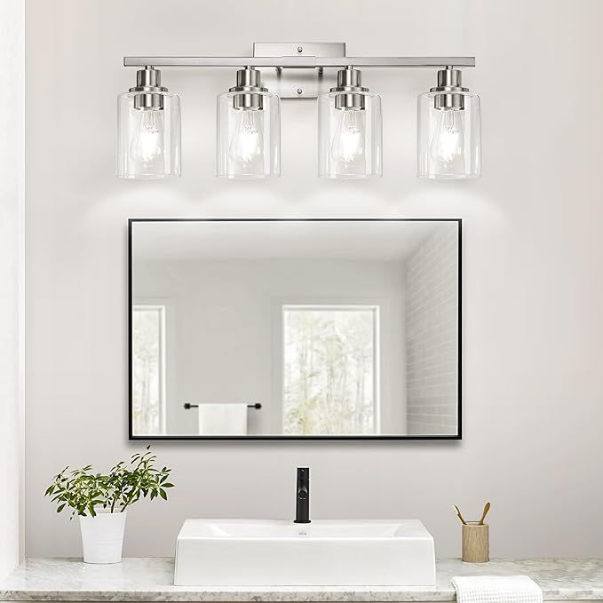 4-Light Bathroom Light Fixtures, Vanity Light with Clear Glass Shades, Brushed Nickel Bathroom Light Fixtures Over Mirror, Modern Bathroom Wall Lamp for Mirror Living Room Cabinet Bedroom