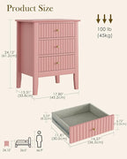 Fluted Nightstand, Farmhouse Night Stand with 3 Drawers, Mid Century Modern Side Accent Table,Bedside End Table for Bedroom, Living Room, Pink