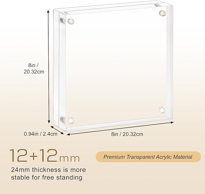 Acrylic Picture Frame - 8x8, Clear Double Sided Frameless Photo Frame with Magnetic, Free Standing Desktop Display, Lucite Frame with Gift Box Package, 12+12mm Thickness - 1 Pack