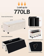 Velvet Storage ottoman bench with legs,43.5”W x 15.7”D x 15.7”H,metal frame end of bed bench hold up to 770 LB,Large Storage Chest hold up to 770 LB,White UASND623W