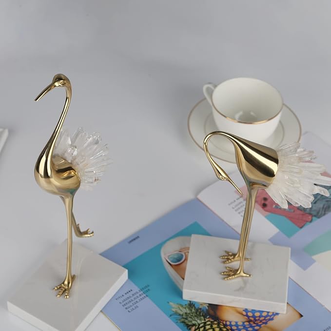 suruim Elegant Gold Crane Bird Statues with Crystal Tail Accents, Decorative Brass Figurines for Home Decor (White C)