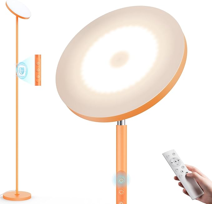 Floor Lamp,Bright 36W 3500LM Standing Lamp with Remote, 2700K Soft White to 6500K Cool White Adjustable,Touch Control Dimmable Torchiere Tall Light for Living Room,Bedroom,Office,Sofa(Orange)