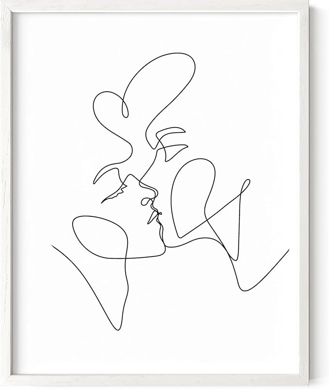 Minimalist Couple Art Wall Art Print Couple Kiss Abstract Line Drawing, Gallery Quality 11"x14" White Framed, Abstract Love Aesthetic Decor Bedroom Living Room
