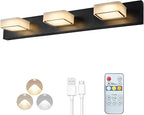Megastar Rechargeable Battery Operated Vanity Light, Remote Control, 3CCT, 60W Equivalent Acrylic Matte Black Bathroom Vanity Lights Over Mirror, 3 Lights,Non-Hardwired/Power Outage,21.6Inch
