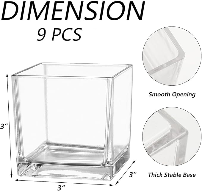 Square Flower Vases Set of 9, 3"x 3"x 3" Glass Vases for Centerpieces, Clear Vase for Flowers, Small Vase for Wedding, Party, Home Office Decoration