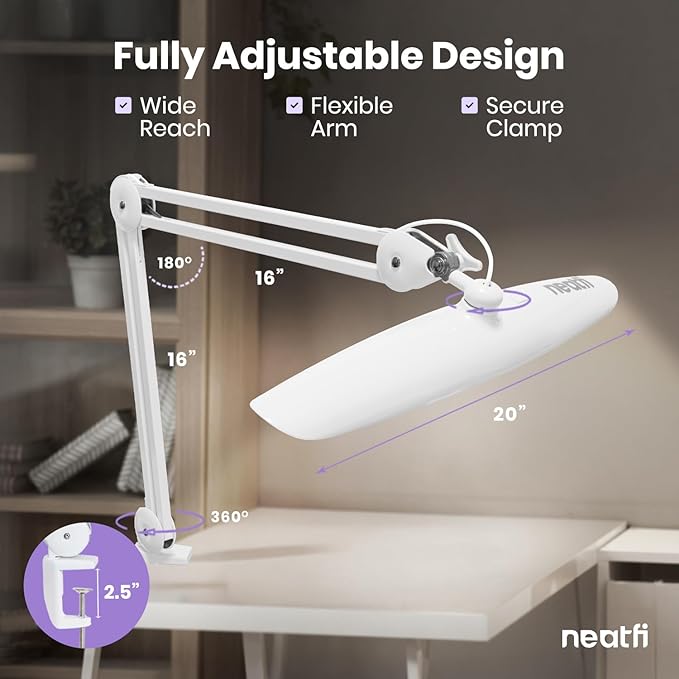 Neatfi XL Nail Desk Lamp with Clamp, 2200 Lumens, 20-Inch Wide Head, Dimmable 4 Levels, 3 Color Modes 3000K–6000K, LED Task Light for Manicure Table, Crafts, Workbench, Office (CCT, White)