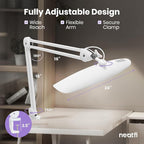 Neatfi XL Nail Desk Lamp with Clamp, 2200 Lumens, 20-Inch Wide Head, Dimmable 4 Levels, 3 Color Modes 3000K–6000K, LED Task Light for Manicure Table, Crafts, Workbench, Office (CCT, White)