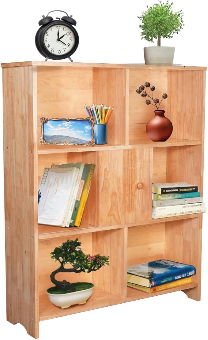 Natural Bookcase by Natural Wood, 7 Cube Bookshelf, Small Book Shelves Freestanding Display Storage Shelves. Open Bookshelf for Bedroom, Living Room and Office (Natural, 7 Cube)
