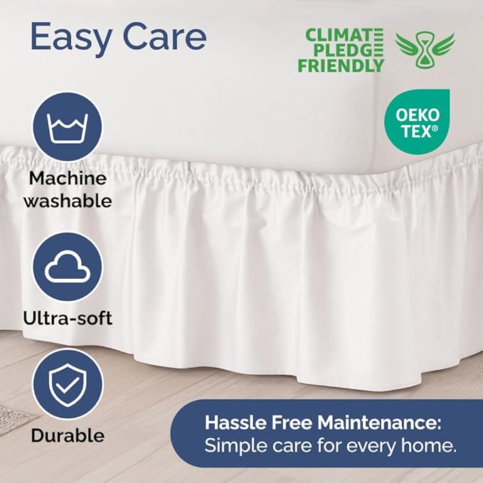 Wrap Around Dust Ruffle Bed Skirt - Antique White - for King Size Beds w/ 15 Inch Drop - Easy Fit Elastic Strap - Adjustable Pleated Bedskirt w/Brushed Fabric, Wrinkle Free Women, Men, Kids & Teens