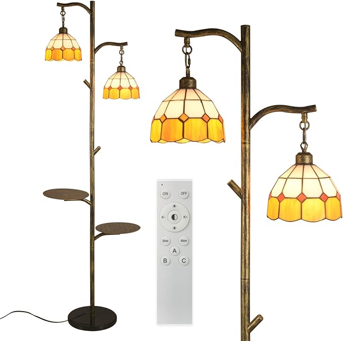 beaysyty Tiffany Style Stained Glass Retro Floor Lamp with Tray, Dimmable Floor Lamps, Custom Color Temperature Standing Lamp for Living Room and Bedroom,Painted Bronze