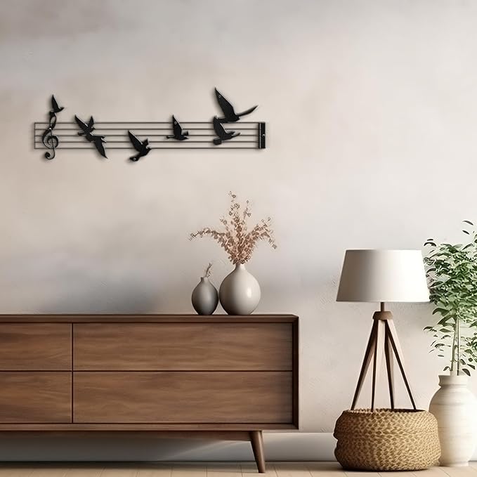SIGNLEADER Metal Wall Art Decor Music Notes and Birds Modern Abstract Wall Sculpture Hangings Home Decoration for Living Room, Bedroom, Bathroom, Kitchen, Outdoor - 24" Black