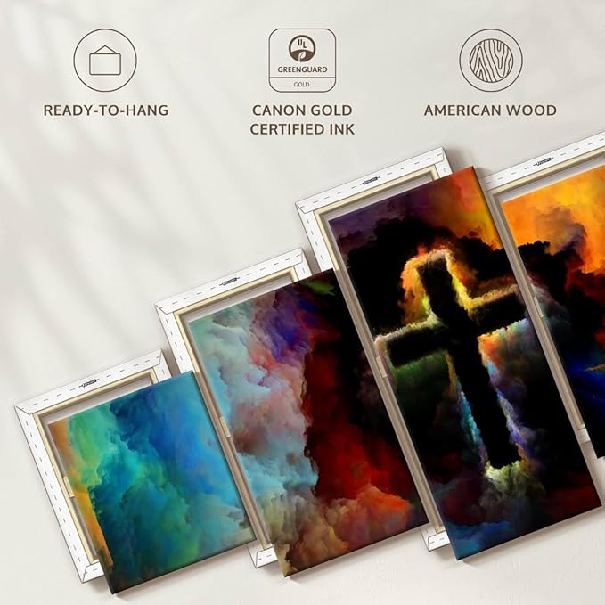 Elephant Stock Colorful Cross Wall Art Multi Piece Canvas - 5 Panel Christian Pictures Decor - Digital Design Canvas Print - Christian Wall Decor - 80" X 36"