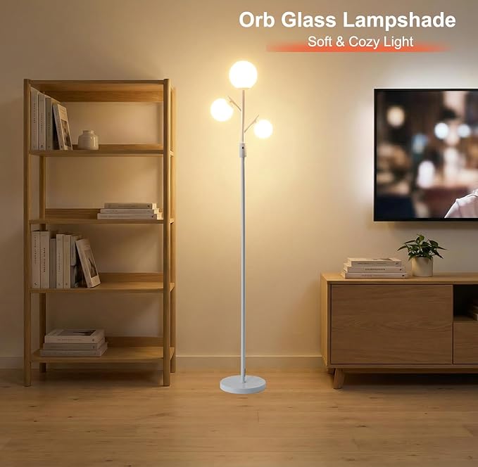 Fiqevs Dimmable White 3 Globe Floor Lamp with Frosted Glass Orb Shades and Bulbs Included, Elegant Mid Century Modern Standing Lamps, Tall Pole Light for Living Room Bedroom Office