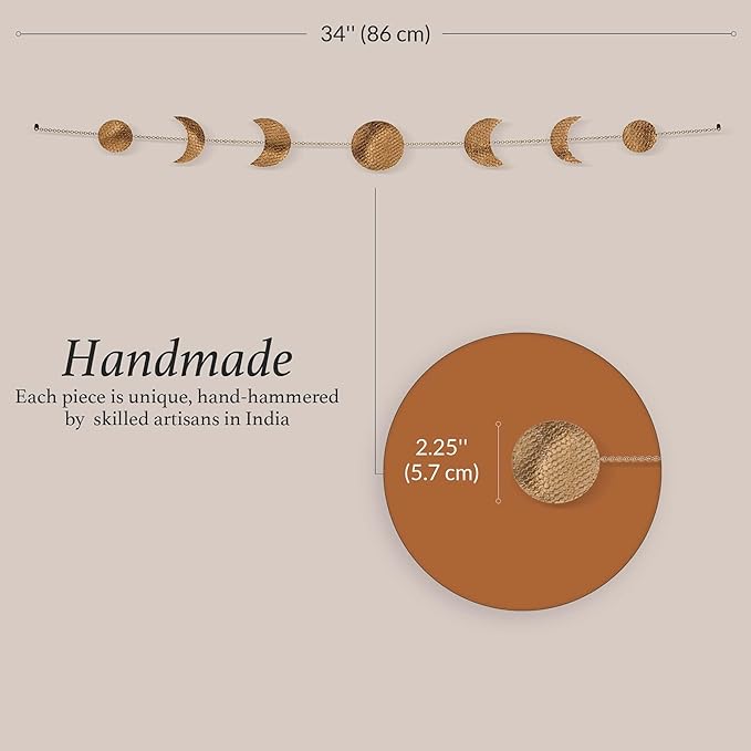BASE ROOTS Moon Phase Wall Decor, Gold Wall Art for Bedroom, Bohemian and Astrology, Witchy Aesthetic 34" 7 Phases Metal Moon Wall Banner, Celestial Decoration, Gift for Women & Kids