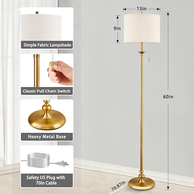 60" Gold Floor Lamp, Standing Lamp for Living Room, Bedroom, Office & Dining Room - Tall Corner Floor Lamps with Pull Chain Switch, Soft Lighting Farmhouse Design - Modern Floor Lamp (Bulb Included)