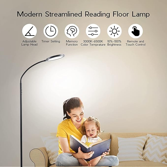 Tenmiro LED Floor Lamps for Living Room, Bright Modern Reading Floor Lamp with Stepless Adjust Color Temperatures & Brightness, Standing Lamp with RF Remote & Touch Control(Pink)