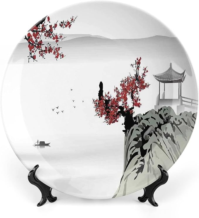 Ceramic Plates, Asian Decor Decorative Ceramic Plates, River Scenery with Cherry Blossoms and Boat Mystical, 6 Inch, for Dining, Parties, Wedding, Grey Red
