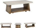 Signature Design by Ashley Brendalhouse Casual Coffee Table with Faux Cement Top, Bottom Shelf and Casters, Light Brown & White