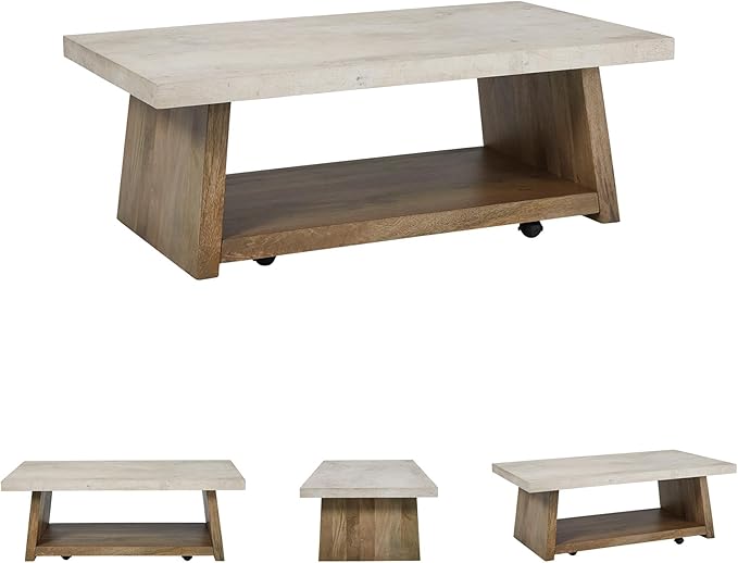 Signature Design by Ashley Brendalhouse Casual Coffee Table with Faux Cement Top, Bottom Shelf and Casters, Light Brown & White