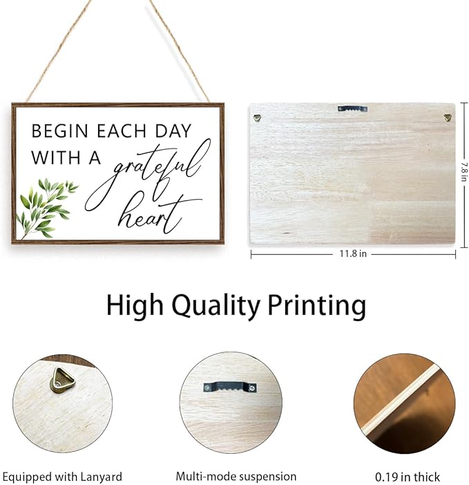 Begin Each Day With A Grateful Heart Sign Wood Plaque Wall Decor,Grateful Sign Wooden Hanging Wall Pediments for Home Office Front Door Wall Decor