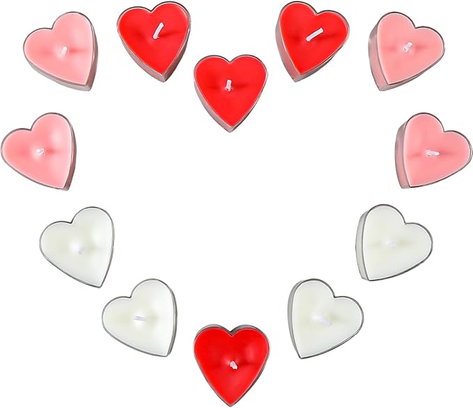 Honoson 12 PCS Valentine's Day Heart-Shaped Tealight Candles Pink Red White Tealight Candles Rose Essential Oils Colors 5 Hours Burn Time for Valentine's Day Dating Weddings Romantic Occasions