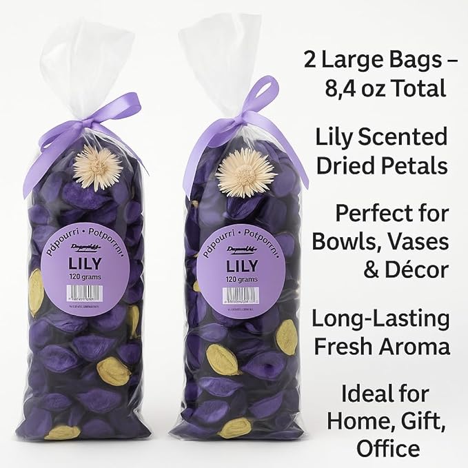 Lily Scented Potpourri Bags – 2 Large Packs, 8.4 oz Total – Dried Petals & Botanicals for Bowls & Vases – Long-Lasting Aroma for Home Décor, Office, Bathroom, Gift Use
