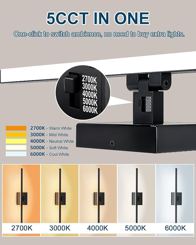 Bathroom Lighting Fixtures Over Mirror, 24 Inch 16W IP44 Black Modern Vanity Lights, 5CCT Adjustable (2700K–5000K), Dimmable LED Bathroom Lights, Dual-Sided, 180° Rotatable Angle, ETL