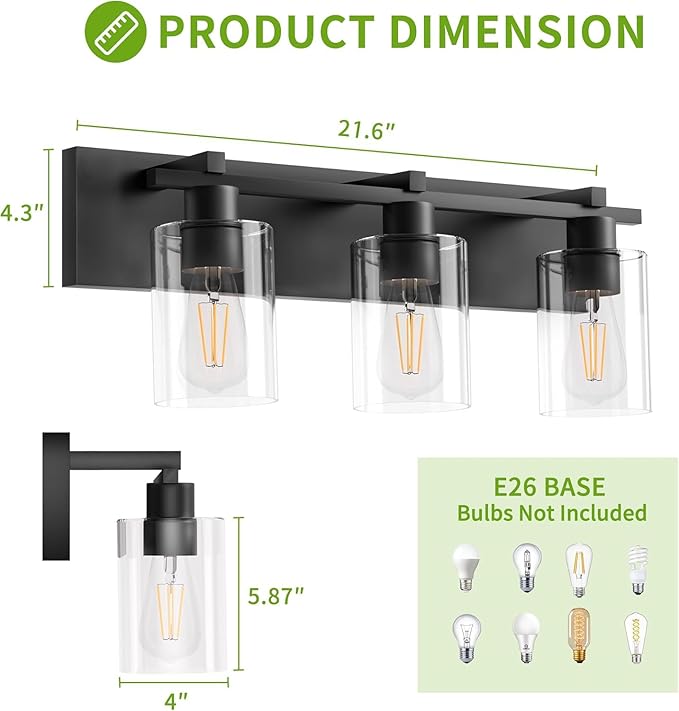 Espird Bathroom Vanity Light,3 Light Matte Black Light Fixture with Thickened Clear Glass Shade, 21 inch Modern Wall Sconce, Bathrooms Vanity Light Over Mirror for Bathroom