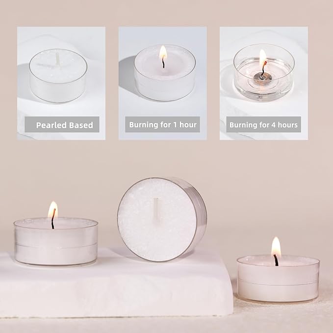White Tealights Candles - 5 Hours Unscented Tea Lights Plant Wax Mini Votive with Cotton Wick for Home,Meditation,Pool,Wedding,Emergencies,Parties, Spas, 12pcs