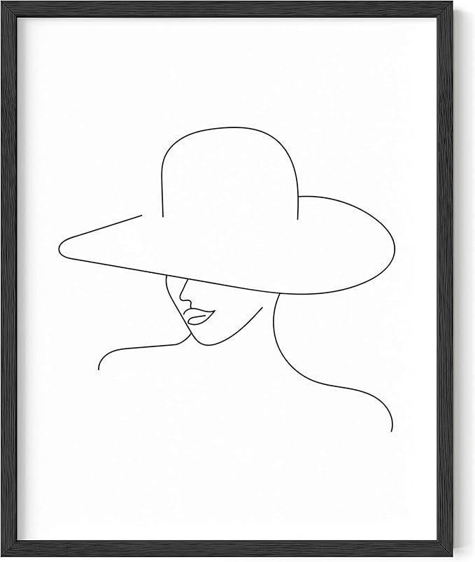 Elegant Woman in Hat Wall Art Minimalist Feminine Profile Continuous Line Drawing 16x20 Inch Oak Wood Black Framed Chic Fashion Print for Vanity Bedroom