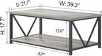 FOLUBAN Modern Coffee Table, Rustic Wood and Metal Center Table with Storage Shelf, Industrial Cocktail Table for Living Room, Light Grey, 39 Inch