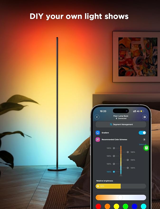 Govee RGBIC Floor Lamp Basic, LED Corner Lamp Works with Alexa, 1000 Lumen Smart Modern Floor Lamp with Music Sync and 16 Million DIY Colors, Color Changing Standing Lamp for Bedroom Living Room Black