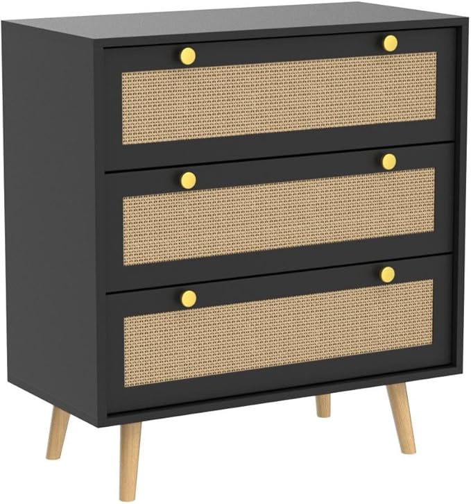 Anmytek Black Dresser for Bedroom with 3 Drawers, Modern Wood 3 Drawer Dresser, Black Chest of Drawer with Spacious Storage Rattan Dresser for Bedroom Living Room H0075