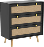 Anmytek Black Dresser for Bedroom with 3 Drawers, Modern Wood 3 Drawer Dresser, Black Chest of Drawer with Spacious Storage Rattan Dresser for Bedroom Living Room H0075