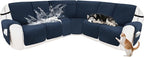 Reclining Sectional Couch Covers 100% Waterproof Velvet L Shape Recliner Couch Covers for Sofa Pets Washable Anti Slip Recliner Slipcovers with Pockets (5 Seat Sofa with 1 Console, Navy Blue)