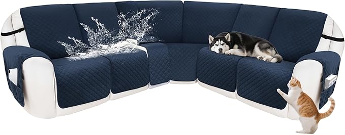 Reclining Sectional Couch Covers 100% Waterproof Velvet L Shape Recliner Couch Covers for Sofa Pets Washable Anti Slip Recliner Slipcovers with Pockets (5 Seat Sofa with 1 Console, Navy Blue)
