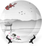 Ceramic Plates, Asian Decorative Ceramic Plates, Japanese Style Garden Bird Small Pavilion, 6 Inch, for Dining, Parties, Wedding, Grey Pink Red