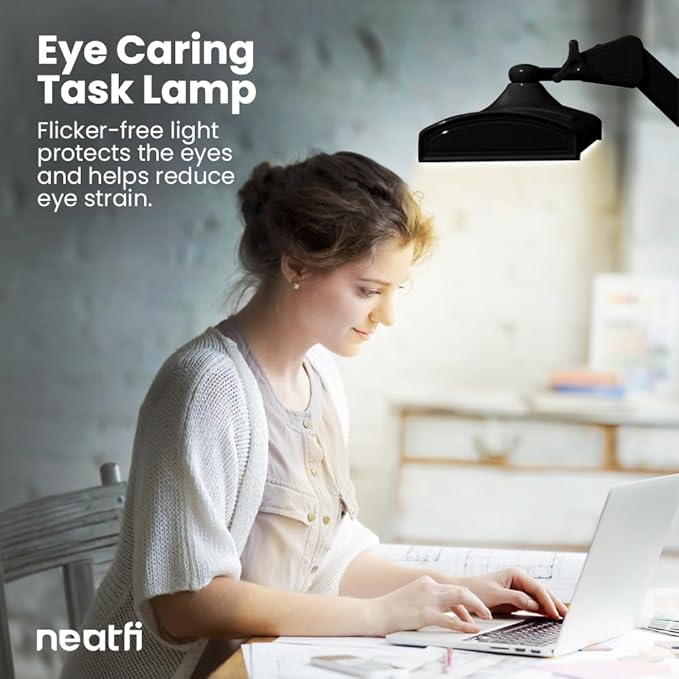 Neatfi LED Desk Lamp, 3,500 Lumens, 3 Light Modes, Dimmable, 45W, 26” Wide Shade, 540 SMD LEDs, Eye-Caring Task Lamp for Reading, Crafting, Workbench, Office (CCT with Clamp, Black)