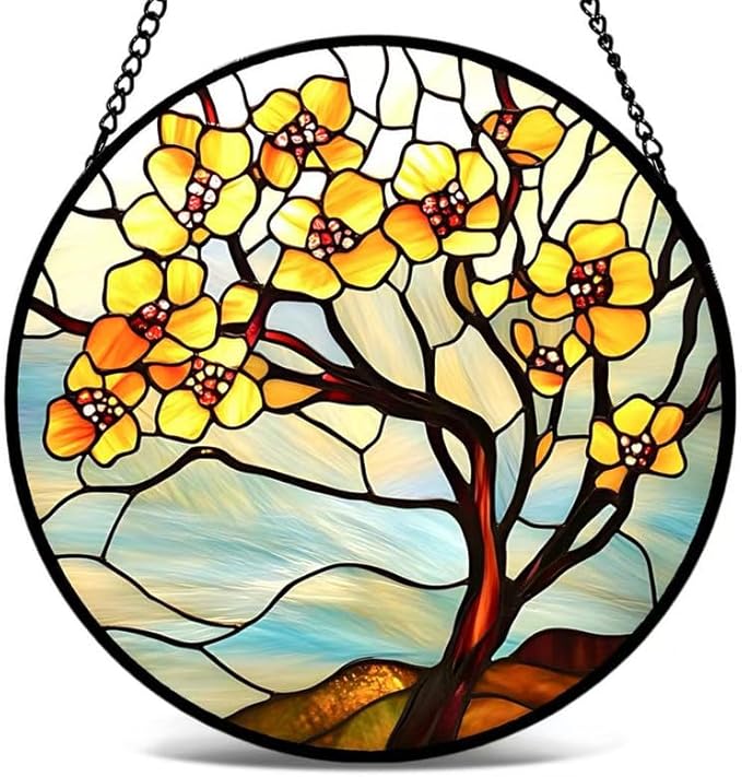 Yellow Blossom Tree Stained Glass Suncatcher Window Hanging Floral Glass Panel Nature Art Home Window Decoration Gift
