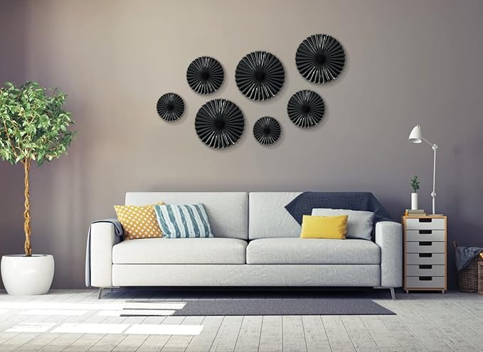 ITrixgan 7 Pieces Black Wall Art Metal Modern Round Large Sunburst Hanging Wall Decor Above Bed TV for Home Office Bedroom Living Room