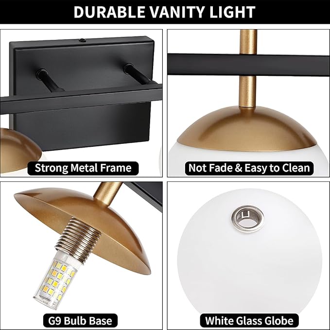Bathroom Light Fixtures Over Mirror, Black and Gold Mid Century Modern Bathroom Vanity Light Fixtures with Milky Glass Shade 2-Light Globe Sconces Wall Lighting for Living Room Hallway
