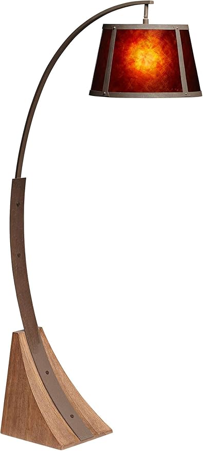 Franklin Iron Works Oak River Rustic Farmhouse Mission Arc Floor Lamp Standing 66 1/2" Tall Dark Rust Natural Wood Amber Mica Drum Shade for Living Room Reading Bedroom Office House Home Decor