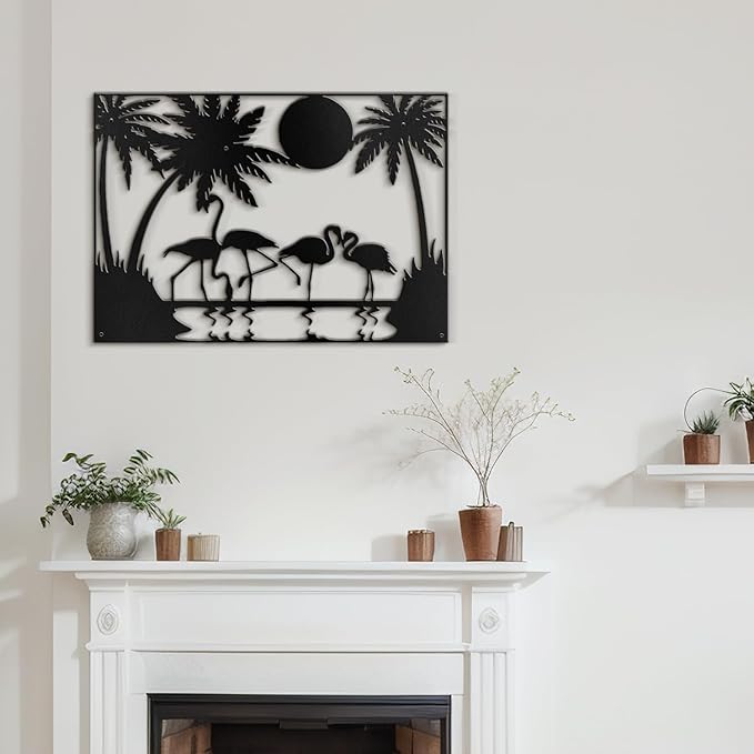 SIGNLEADER Metal Wall Art Moonlit Flamingos and Palm TreesDecor Modern Abstract Wall Sculpture Hangings Home Decoration for Living Room, Bedroom, Bathroom, Kitchen, Outdoor - 18" Black