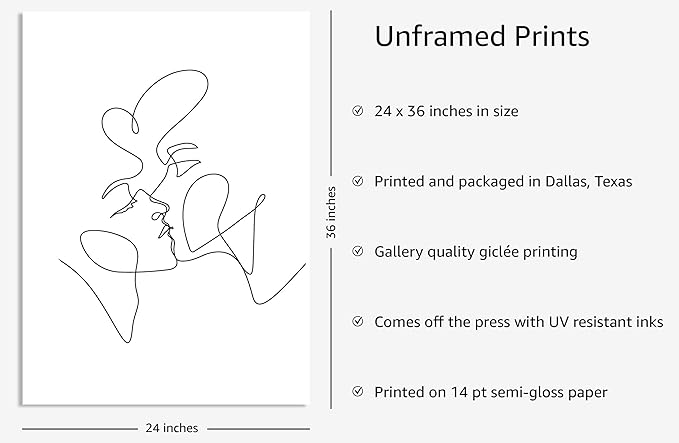 Y2K BOO Kissing Couple UNFRAMED Wall Art Romantic Intimacy Continuous Line Drawing 24x36 Inch Heavyweight Paper Modern Minimalist Love Studio Decor