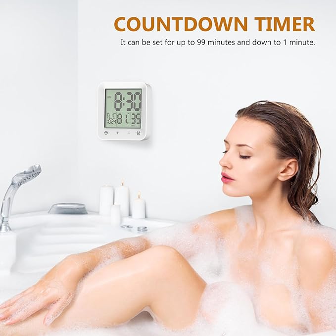 Houkiper Shower Clock Waterproof Bathroom Timer, Digital Shower Timer with Countdown, Suction Cup Clock, LCD Display, Temperature Gauge Wall Clock Touch Screen Waterproof Clock for Bathroom, White