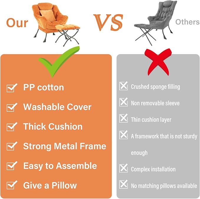 Tangerine Lazy Chair with Ottoman, Large Velvet Lounge Accent Chair with a Throw Pillow, Comfy Leisure Sofa Chair for Living Room Bedroom Dorm Room Office Apartment Reading Relaxing Use