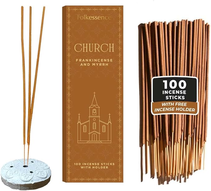 Folkulture Church Incense Sticks with Holder (100 Sticks) | Frankincense & Myrrh Catholic Incense Stick for Prayer|No Charcoal, Non Toxic, 45 Min Burntime Insence-Sticks for Christian Gifts for Women