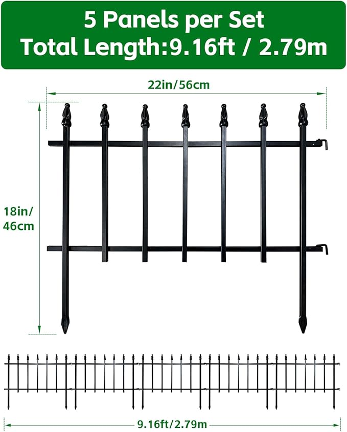ARIFARO Metal Garden Fence 18" H x 22" W (5 Pack, Length 9.16 ft) Decorative Fencing, No Dig Border Fencing for Outdoor Patio Yard Flower Bed Animal Barrier